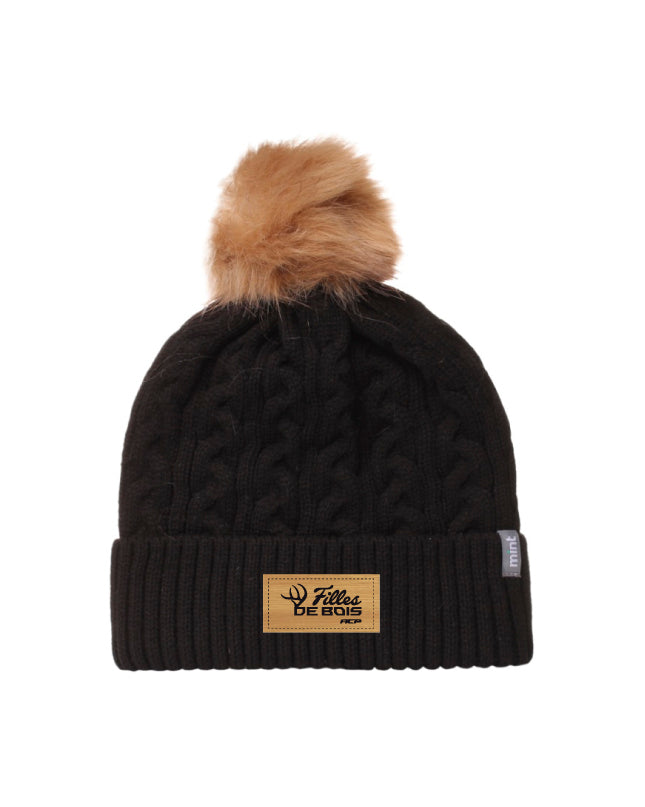 Tuque avec pompon Fille de bois - Écusson couleur Bambou