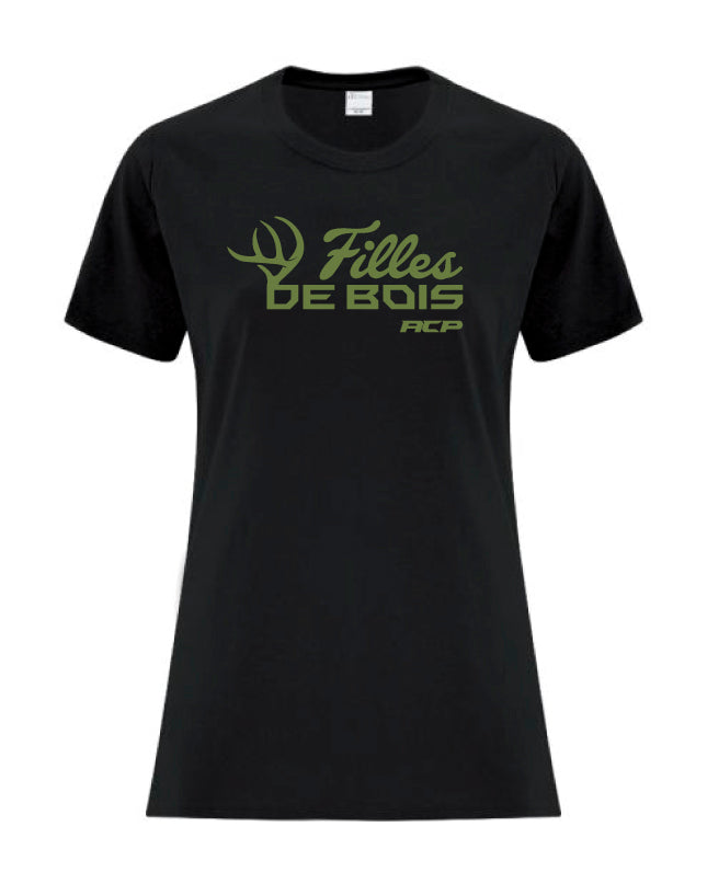 T-Shirt Noir Filles de bois imprimé Vert Militaire